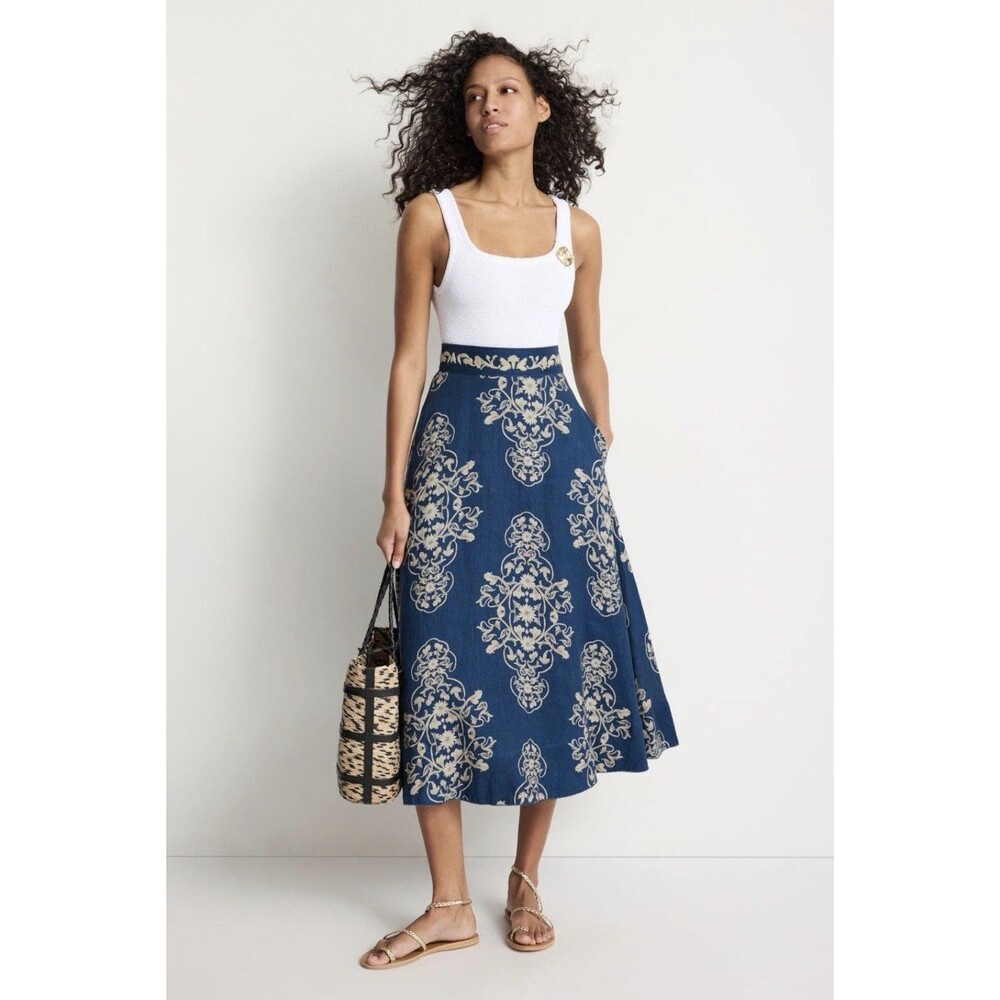 Agua Bendita Bergamota Ribbons 100% Linen Baroque Floral Maxi Skirt Boho Resort